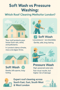 Read more about the article Soft Wash vs Pressure Washing: Which Roof Cleaning Method for London?