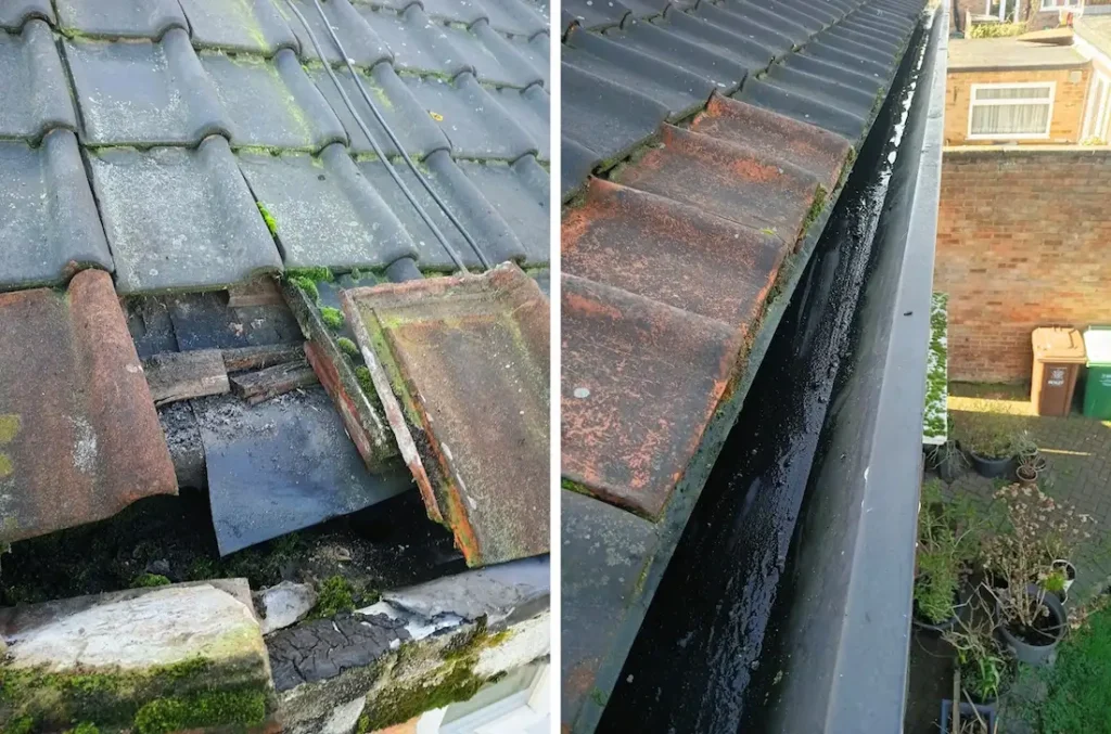 Before and after roof repair on a residential roof in South East London