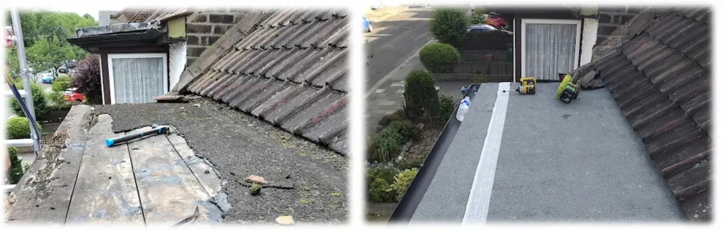 Flat bay roof repair and waterproofing before and after in SE London