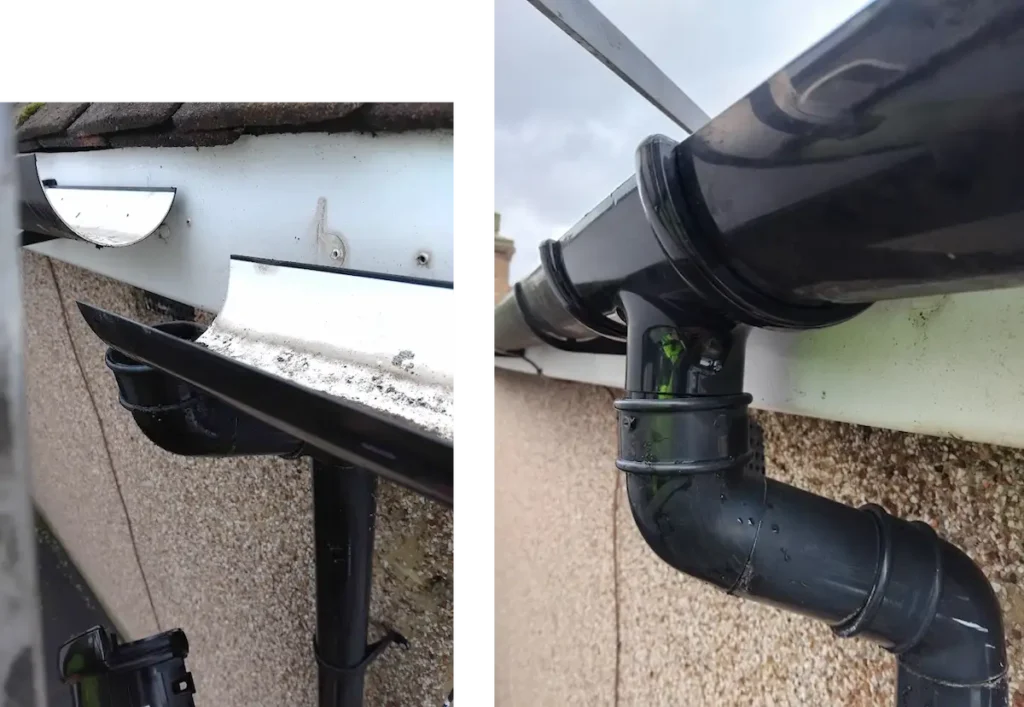 Before and after gutter outlet repair reconnecting the gutter to the downpipe in Bromley