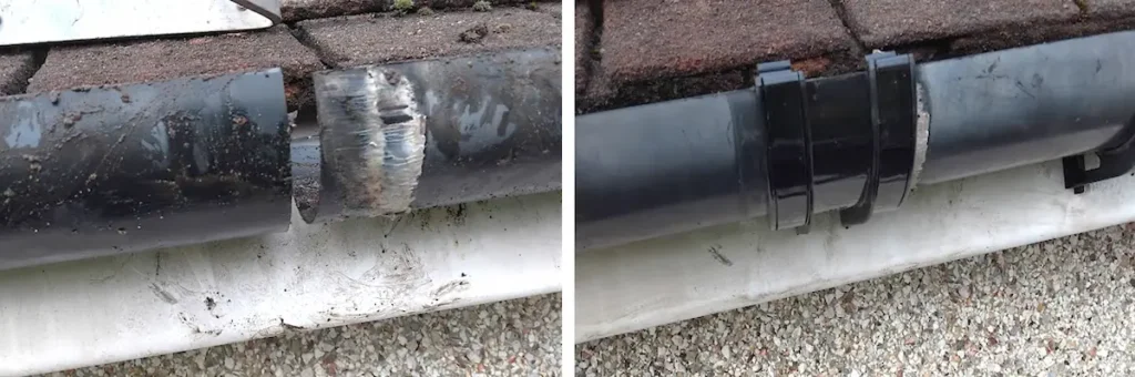 before and after repairing a damaged gutter union. A new union was installed and sealed to prevent leaks.