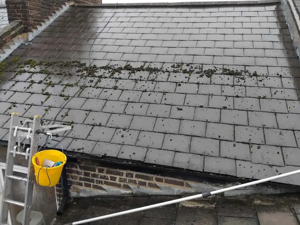 Slate roof cleaning and debris removal on a residential property in Dartford
