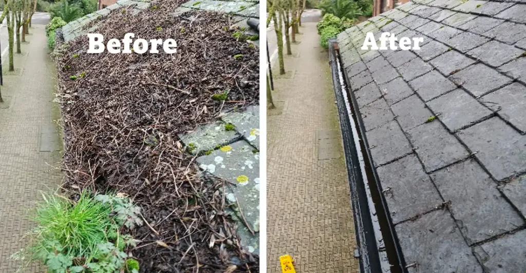 Before and after roof cleaning showing moss removal from a tiled roof in South East London.