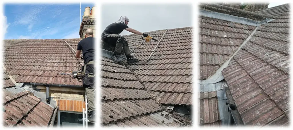 Three stages of manual roof cleaning showing the cleaning process and the final result.
