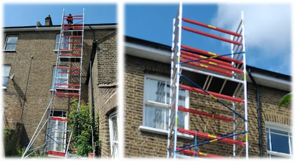 Safe access equipment used for roof cleaning and repair work on a residential property.